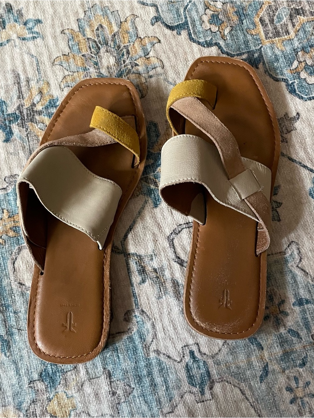 Toe ring sandal. FRYE AND CO. Leather Slide Sandals in Brown, Cream & Mustard